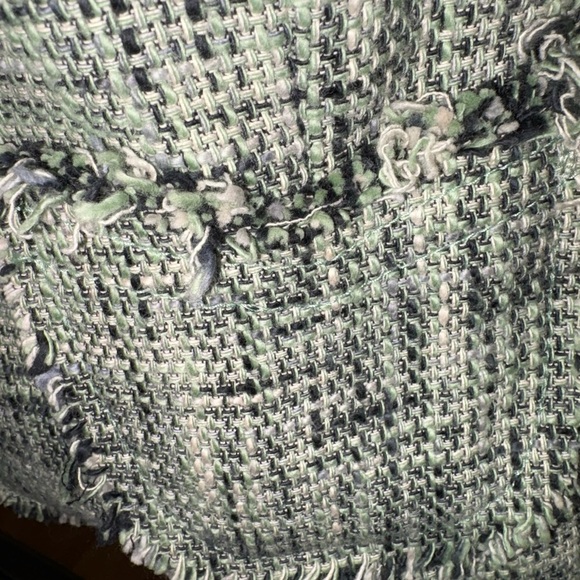 RIVER ISLAND SIZE 14 GREEN & WHITE TWEED BLAZER WITH BLACK LACE TRIM - Picture 3 of 8